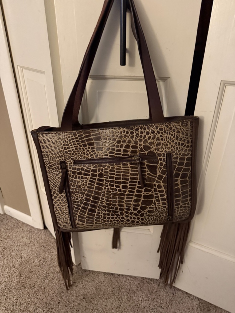 Ariat Brown Fringe Western Tote with Cowhide Accent - Picture 4 of 6